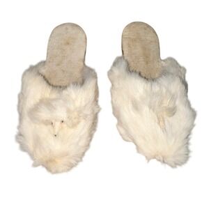 Vintage Real Rabbit Fur Childrens Slippers 8.5" White House Shoes Hand Stitched